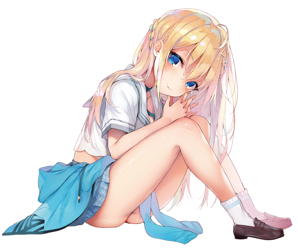 1girl ahoge bangs blonde_hair blouse blue_eyes blue_skirt blue_sweater boku_no_shiranai_love-come braid brown_footwear character_request closed_mouth clothes_around_waist commentary_request eyebrows_visible_through_hair from_side full_body hair_ornament hood hooded_sweater interlocked_fingers knees_up long_hair looking_at_viewer pleated_skirt pyon-kichi school_uniform shiny shiny_hair shiny_skin shoes short_sleeves simple_background sitting skirt smile socks solo sweater sweater_around_waist white_background white_blouse white_legwear