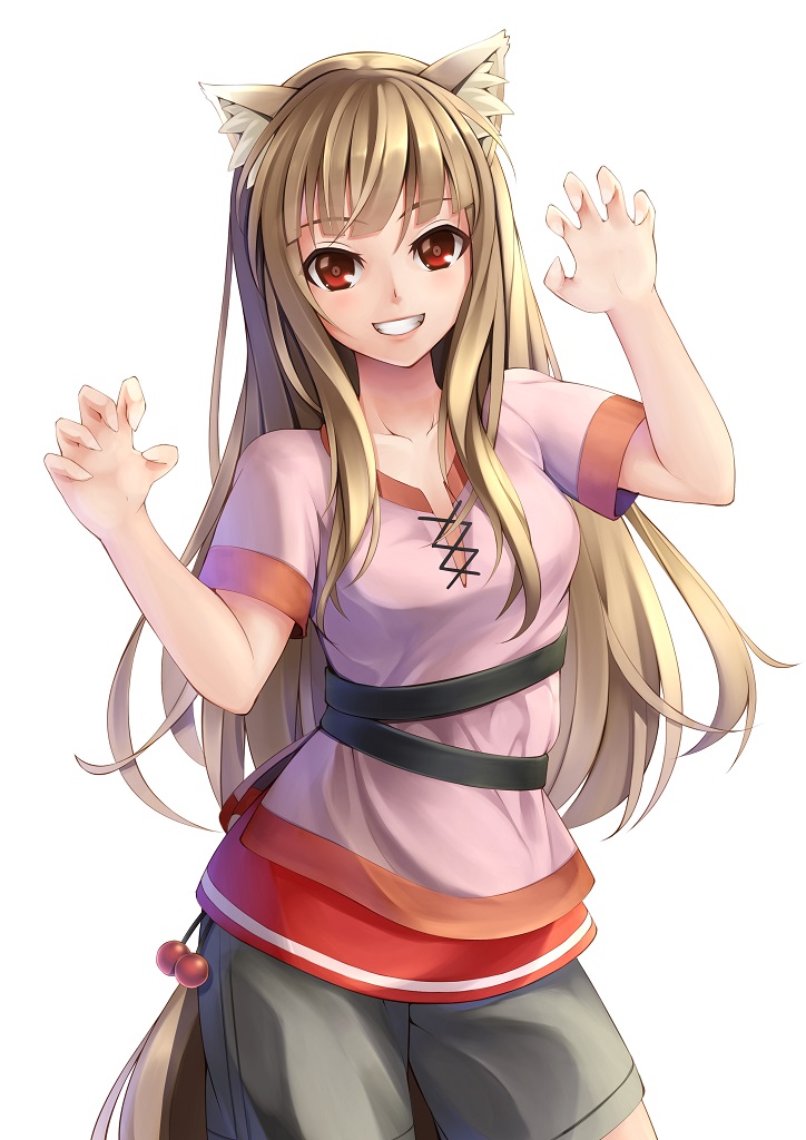1girl animal_ears brown_hair claw_pose collarbone eyebrows_visible_through_hair holo kirishima_itsuki long_hair looking_at_viewer open_mouth red_eyes short_sleeves shorts simple_background smile solo spice_and_wolf tail wolf_ears wolf_tail