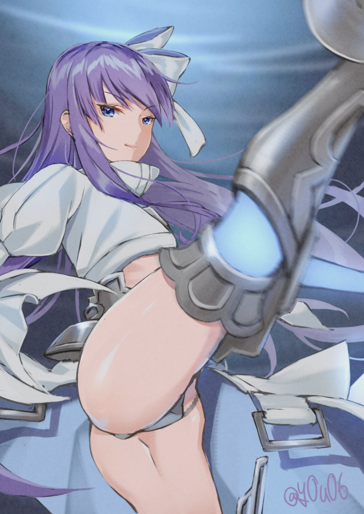 1girl armor armored_boots artist_name blue_eyes boots crotch_plate eyebrows_visible_through_hair fate/extra fate/extra_ccc fate/grand_order fate_(series) hair_ribbon juliet_sleeves leg_up long_hair long_sleeves looking_at_viewer meltlilith one_leg_raised puffy_sleeves purple_hair revealing_clothes ribbon smile solo thighs white_coat white_ribbon you06
