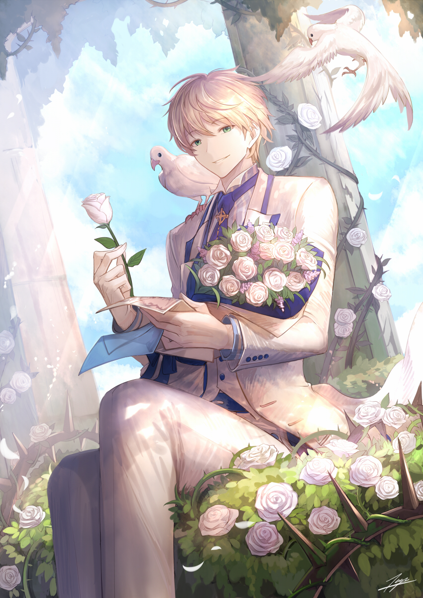 1boy animal animal_on_shoulder belt_buckle between_fingers bird_on_shoulder blonde_hair blue_neckwear blue_sky bouquet buckle building column day dutch_angle eyebrows_visible_through_hair fate/grand_order fate_(series) feet_out_of_frame flower formal green_eyes highres holding holding_flower holding_letter jacket leaf light_rays long_sleeves looking_at_viewer male_focus necktie open_clothes open_jacket pants pillar plant revision rose saber_(fate/prototype) seiza shiny shiny_hair signature sitting sky smile sunbeam sunlight tenyo0819 thorns vines white_flower white_jacket white_pants white_rose