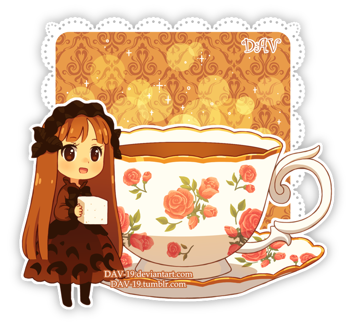 1girl :d artist_name bangs black_legwear blush brown_dress brown_eyes brown_hair chibi commentary cup dav-19 dress eyebrows_visible_through_hair floral_print food holding holding_food lace_background long_hair open_mouth original pantyhose personification print_cup saucer see-through see-through_silhouette smile solo standing sugar_cube tea teacup transparent_background very_long_hair watermark web_address
