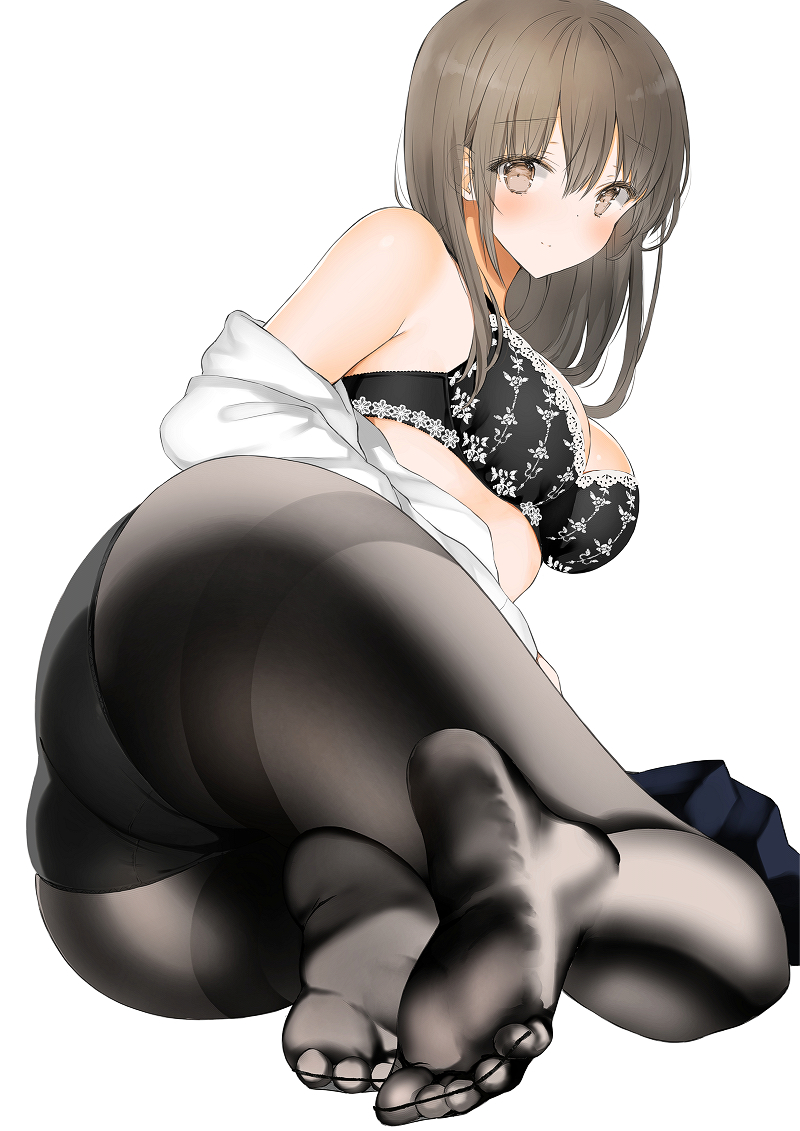 1girl ass bangs black_bra black_legwear black_panties blush bra brown_eyes brown_hair closed_mouth dress_shirt eyebrows_visible_through_hair feet hair_between_eyes long_hair looking_at_viewer looking_back lying no_shoes on_side open_clothes open_shirt original panties pantyhose shiro_(aotatikoma) shirt sidelocks simple_background skirt skirt_removed soles solo thighband_pantyhose thighs toes underwear white_background