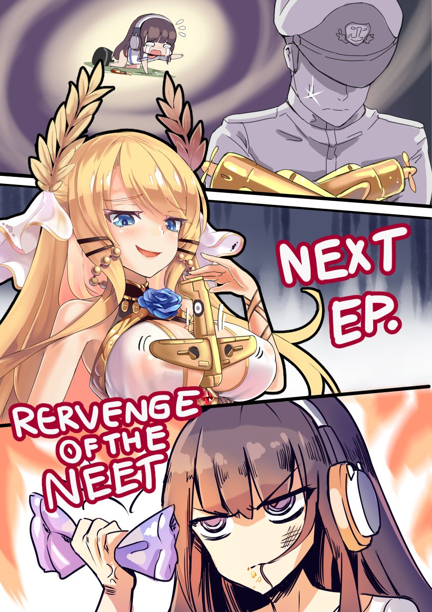 1boy 2girls 3koma admiral_(azur_lane) aircraft anger_vein angry azur_lane bare_shoulders between_breasts black_hair blonde_hair blue_eyes bruise_on_face chibi comic crying earphones engrish erect_nipples flower flying_sweatdrops hat highres kneeling laurel_crown long_hair long_island_(azur_lane) looking_down military_hat multiple_girls phandit_thirathon ranguage reaching sidelocks smirk smug tears victorious_(azur_lane) violet_eyes