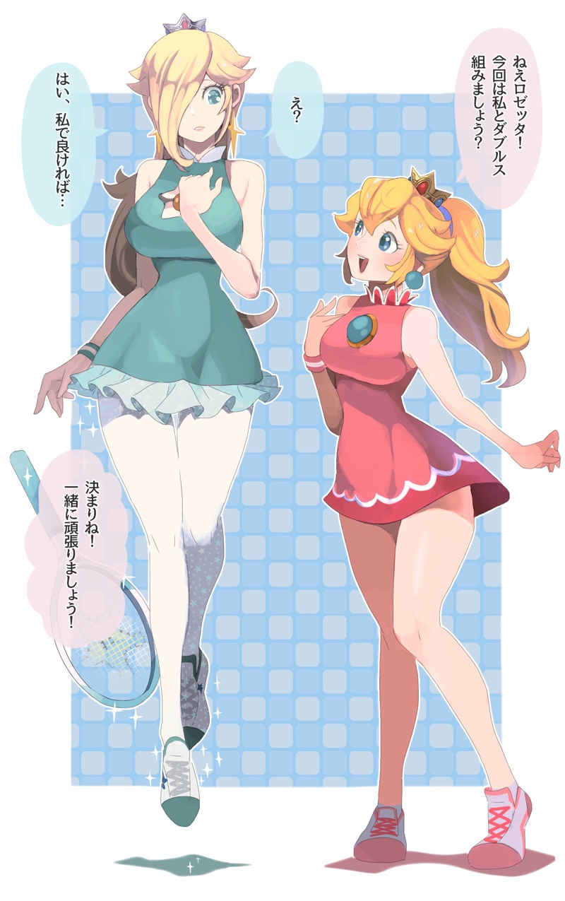 2girls :d arm_at_side bare_arms bare_legs bare_shoulders blonde_hair blue_eyes brooch crown dress earrings floating full_body green_dress green_eyes hair_over_one_eye hand_on_own_chest hand_up height_difference highres jewelry long_hair looking_at_another super_mario_bros. mario_tennis multiple_girls omochi_(glassheart_0u0) open_mouth parted_lips ponytail princess_peach racket red_dress rosetta_(mario) shoes short_dress sleeveless sleeveless_dress smile sparkle super_mario_bros. super_mario_galaxy tennis_dress tennis_racket thigh-highs translation_request white_legwear wristband