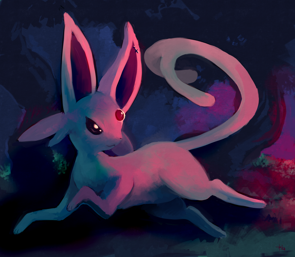 2011 brown_eyes closed_mouth commentary commission creature dark deviantart_sample espeon forest full_body gem gen_2_pokemon glitchedpuppet grass image_sample looking_back nature no_humans outdoors pokemon pokemon_(creature) running signature solo tree