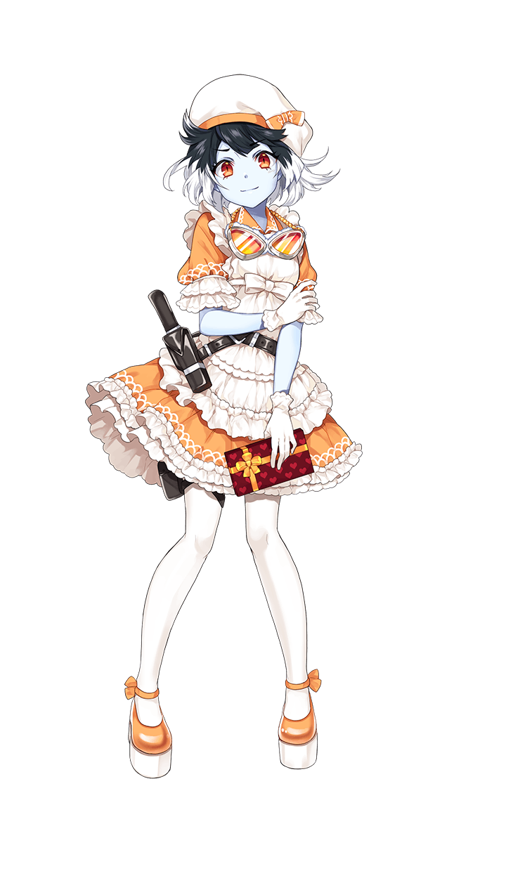 1girl alternate_costume black_hair dress enmaided formation_girls full_body gift gloves goggles goggles_around_neck hat highres holding holding_elbow holding_gift looking_at_viewer maid marina_fudou multicolored_hair official_art orange_dress orange_footwear ririkuto short_hair short_sleeves solo transparent_background two-tone_hair white_gloves white_hair white_hat