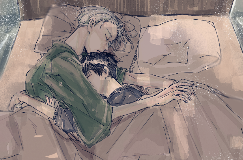 2boys bed bed_sheet black_hair closed_eyes expressionless eyebrows_visible_through_hair fingernails hug katsuki_yuuri long_sleeves male_focus multiple_boys pillow short_hair sleeping viktor_nikiforov white_hair yaoi yuri!!!_on_ice zilu