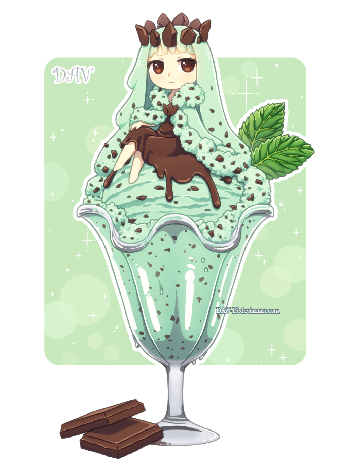 1girl artist_name bangs barefoot brown_dress brown_eyes chibi chocolate cloak closed_mouth crown dav-19 dress food food_themed_clothes fur-trimmed_cloak fur_trim glass green_cloak green_hair ice_cream in_food lace_background leaf legs_crossed long_hair melting mint original personification sitting smile solo transparent_background very_long_hair watermark web_address