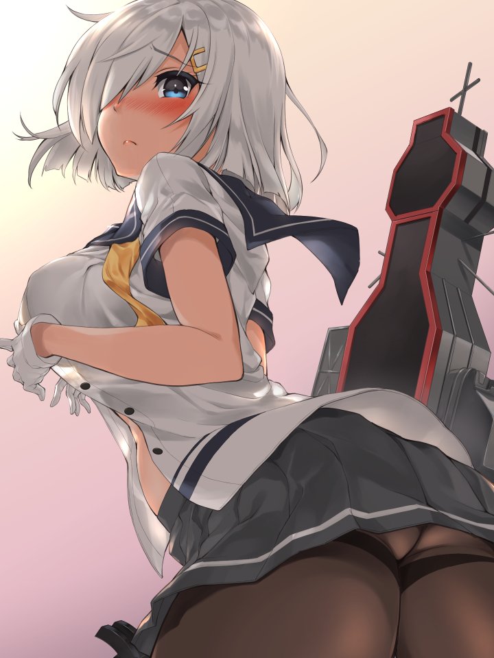 1girl ass black_legwear blue_eyes breasts cowboy_shot from_behind gloves gradient gradient_background grey_skirt hair_ornament hair_over_one_eye hairclip hamakaze_(kantai_collection) kantai_collection large_breasts looking_at_viewer looking_back machinery pantyhose pleated_skirt rigging school_uniform serafuku short_hair silver_hair skirt solo white_gloves yellow_neckwear youmou_usagi