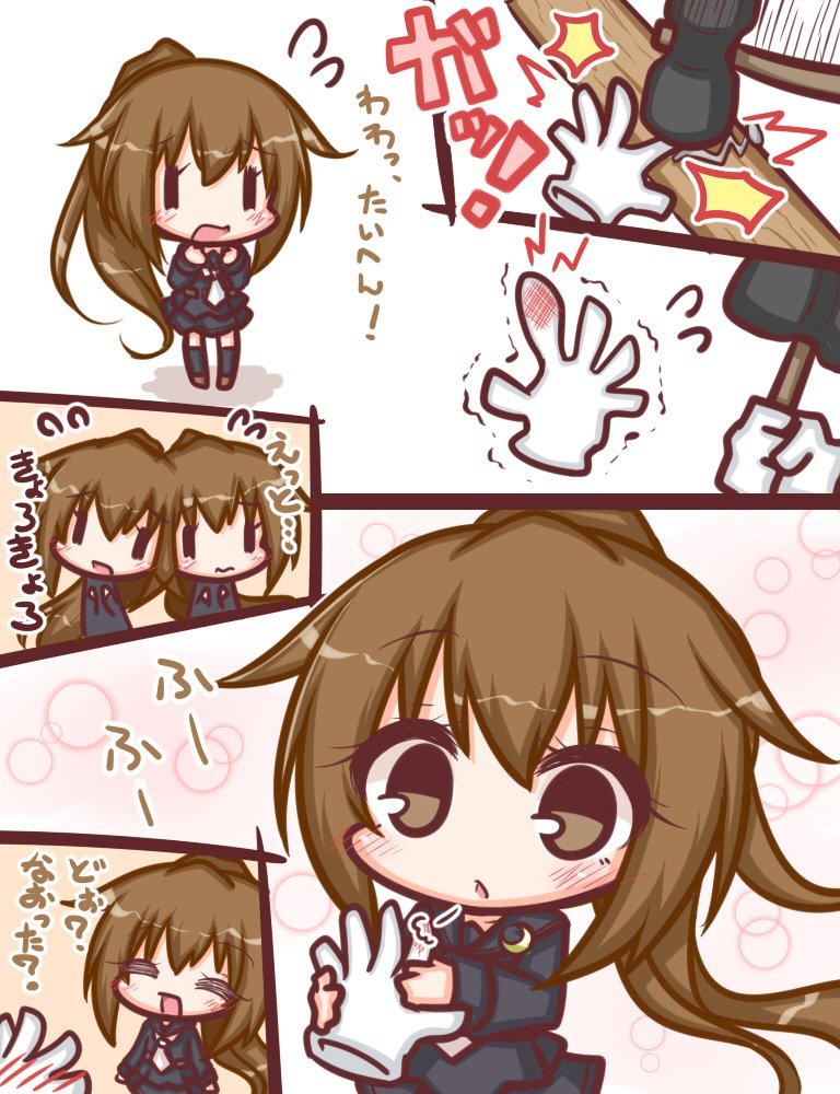 1girl :d =_= bangs black_serafuku black_shirt black_skirt blowing blush brown_eyes brown_hair closed_eyes closed_mouth comic commentary_request crescent crescent_moon_pin eyebrows_visible_through_hair flying_sweatdrops fumizuki_(kantai_collection) hair_between_eyes hammer high_ponytail holding holding_hammer kantai_collection komakoma_(magicaltale) long_hair long_sleeves nail necktie open_mouth parted_lips pleated_skirt ponytail school_uniform serafuku shirt skirt smile translation_request trembling very_long_hair wavy_mouth white_neckwear ||_||