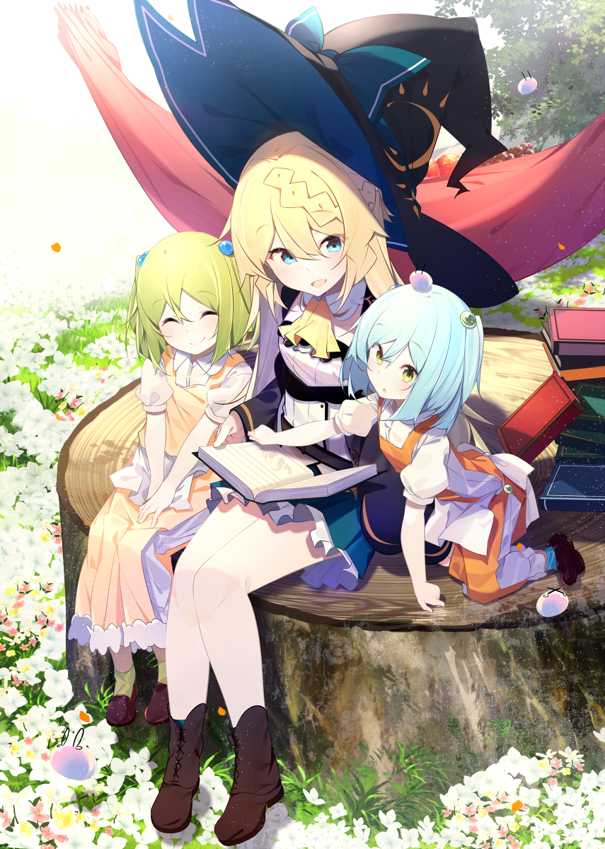 3girls :d bangs benio_(dontsugel) blonde_hair blue_eyes blue_hair blush book boots closed_mouth eyebrows_visible_through_hair flower full_body green_hair hair_between_eyes hair_ornament hat highres long_hair long_sleeves looking_at_viewer multiple_girls official_art open_mouth original short_hair sitting smile witch_hat