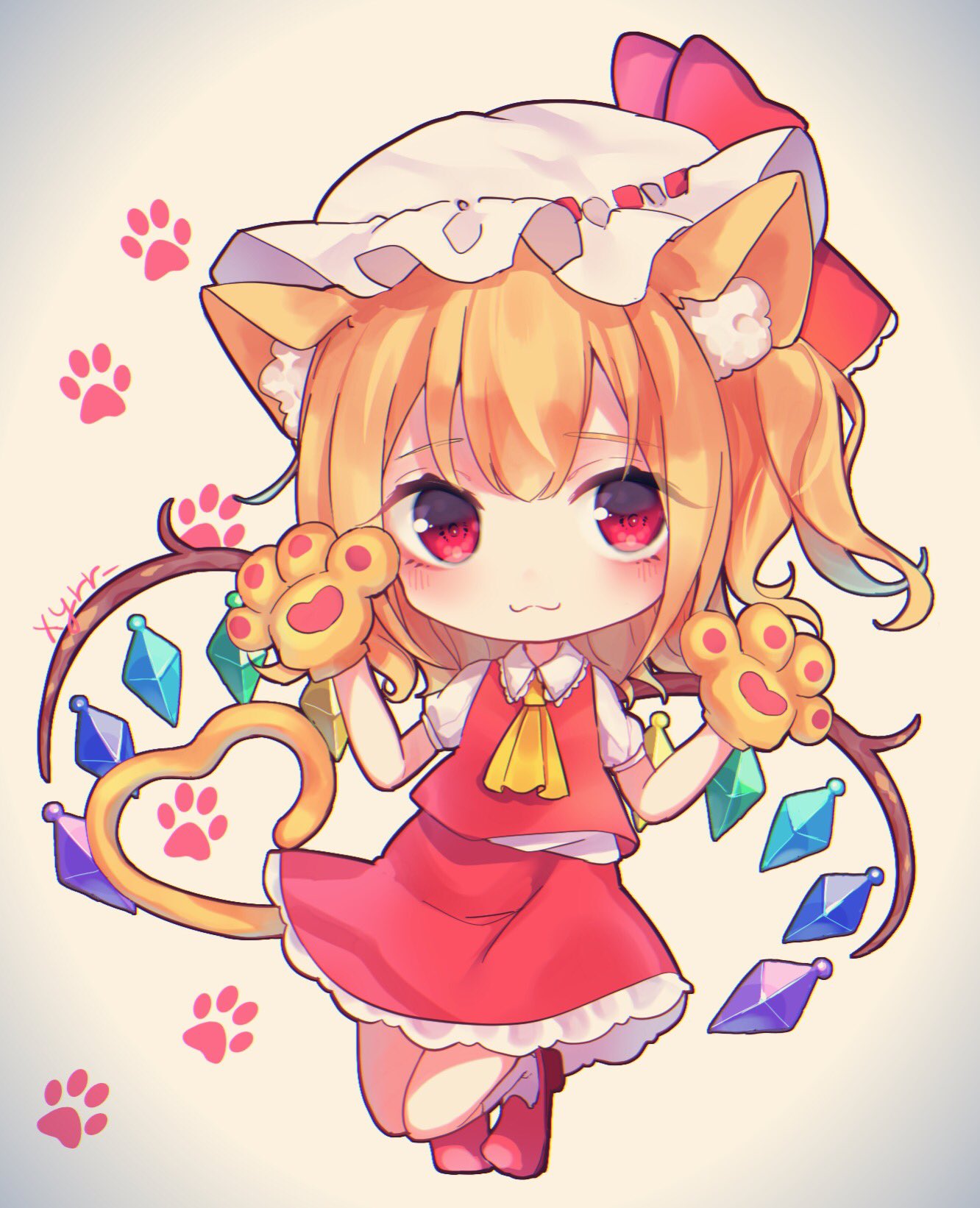 1girl :3 animal_ears ascot bent_elbows bent_knees blonde_hair cat_ears cat_tail collared_shirt commentary_request eyebrows_visible_through_hair eyes_visible_through_hair flandre_scarlet frilled_shirt_collar frilled_skirt frills full_body gem gloves gradient gradient_background hair_ribbon hands_up hat hat_ribbon highres hoshino_yura kemonomimi_mode light_blush looking_at_viewer medium_hair mob_cap one_side_up paw_background paw_gloves paw_print paws petticoat puffy_short_sleeves puffy_sleeves red_eyes red_footwear red_ribbon red_skirt red_vest ribbon shirt short_sleeves skirt socks solo tail thick_eyebrows touhou twitter_username vest white_legwear white_shirt wings yellow_neckwear