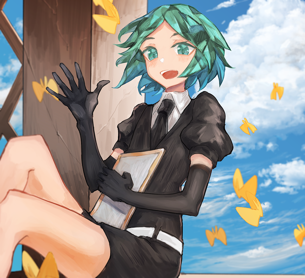 androgynous aruto2498 blue_sky butterfly clipboard clouds elbow_gloves gem_uniform_(houseki_no_kuni) gloves green_eyes green_hair houseki_no_kuni looking_at_viewer open_mouth phosphophyllite short_hair sky smile solo waving