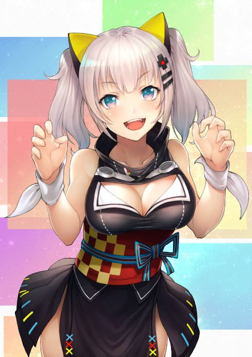 1girl :d animal_ears bangs bare_arms bare_shoulders black_dress blue_eyes blunt_bangs blush breasts cat_ears checkered claws cleavage cleavage_cutout collarbone cowboy_shot dress eyebrows_visible_through_hair fake_animal_ears hair_ornament hairclip kaguya_luna kaguya_luna_(character) kyoeiki long_hair looking_at_viewer medium_breasts multicolored multicolored_background open_mouth pink_eyes sash shiny shiny_hair short_twintails side_slit sleeveless sleeveless_dress smile solo standing sweatband tareme twintails upper_teeth virtual_youtuber w_arms