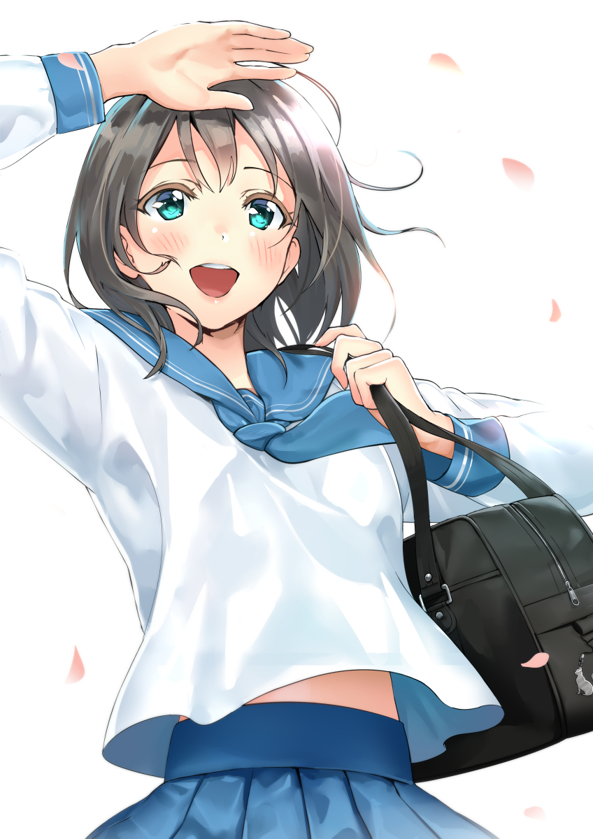 1girl :d arm_up bag bangs black_hair blue_eyes blue_skirt eyebrows_visible_through_hair hand_up highres kinugasa_yuuichi long_sleeves open_mouth original petals pleated_skirt school_bag school_uniform serafuku shoulder_bag simple_background skirt smile solo teeth upper_body white_background