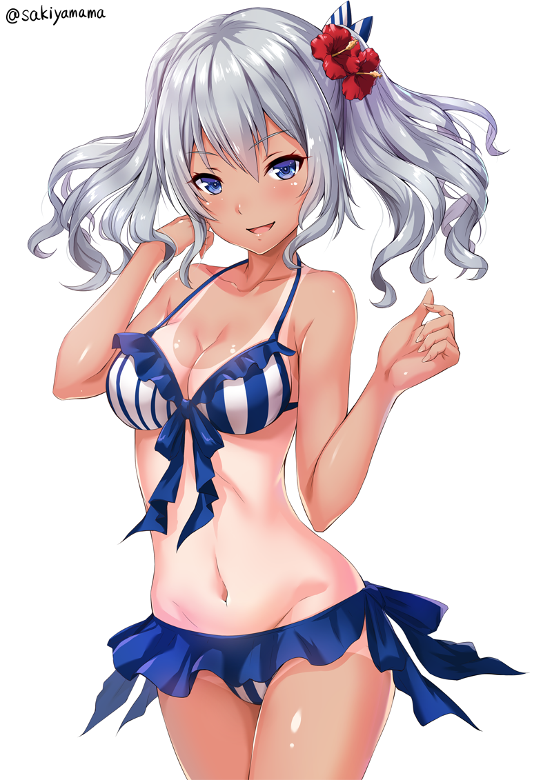 1girl :d adapted_costume artist_name bare_shoulders bikini bikini_skirt blue_eyes breasts cleavage collarbone cowboy_shot eyebrows eyebrows_visible_through_hair flower hair_flower hair_ornament hands_up hibiscus kantai_collection kashima_(kantai_collection) lawson legs_together medium_breasts navel one-piece_tan open_mouth sakiyamama silver_hair smile solo standing stomach striped swimsuit tan tanline twintails vertical-striped_bikini vertical_stripes wavy_hair
