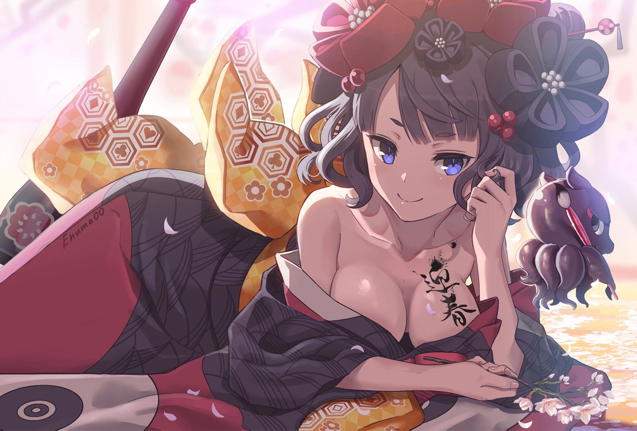 1girl aora bare_shoulders black_hair blue_eyes body_writing breasts cleavage collarbone fate/grand_order fate_(series) flower japanese_clothes katsushika_hokusai_(fate/grand_order) kimono long_hair lying octopus on_stomach smile