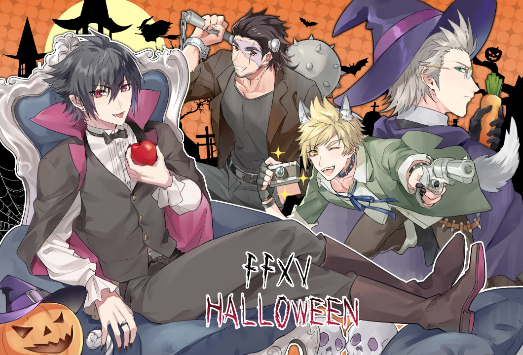 4boys animal_ears apple bat black_hair blonde_hair bow bowtie brown_hair cape carrot collar fangs final_fantasy final_fantasy_xv flail food frankenstein's_monster fruit full_moon gladiolus_amicitia glasses gloves green_eyes gun halloween hat ignis_scientia jack-o'-lantern male_focus mintgreen0913 moon morning_star multiple_boys noctis_lucis_caelum prompto_argentum red_eyes skull stitches tail tongue tongue_out vampire vest waistcoat weapon witch_hat wolf_ears wolf_tail