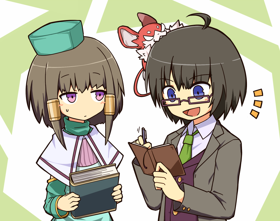 1girl :d ahoge animal animal_on_head black_hair blue_eyes book brown_hair character_request filia_(merc_storia) glasses hat long_sleeves maguro_(mawaru_sushi) merc_storia necktie notepad on_head open_mouth pen short_hair smile violet_eyes