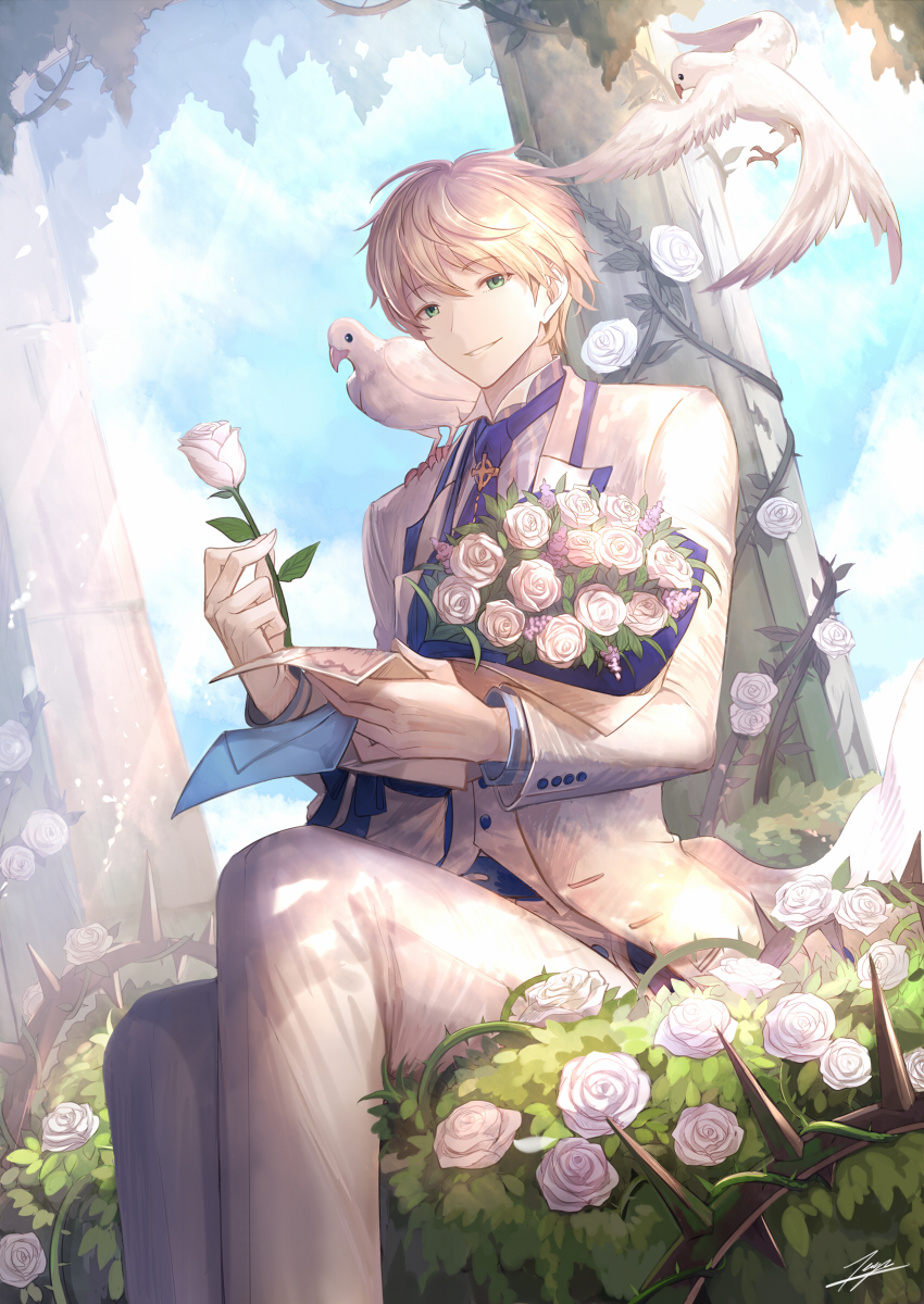 1boy animal animal_on_shoulder belt_buckle between_fingers bird_on_shoulder blonde_hair blue_neckwear blue_sky bouquet buckle building column day dutch_angle eyebrows_visible_through_hair fate/grand_order fate_(series) feet_out_of_frame flower formal green_eyes highres holding holding_flower holding_letter jacket leaf light_rays long_sleeves looking_at_viewer male_focus necktie open_clothes open_jacket pants pillar plant rose saber_(fate/prototype) seiza shiny shiny_hair signature sitting sky smile sunbeam sunlight tenyo0819 thorns vines white_flower white_jacket white_pants white_rose