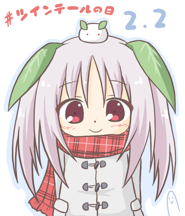 1girl arms_behind_back bangs blue_outline blush closed_mouth eyebrows_visible_through_hair grey_coat hair_between_eyes hashtag leaf long_hair long_sleeves original outline plaid plaid_scarf red_eyes red_scarf rinechun scarf sidelocks smile snow_bunny solo translation_request twintails white_background