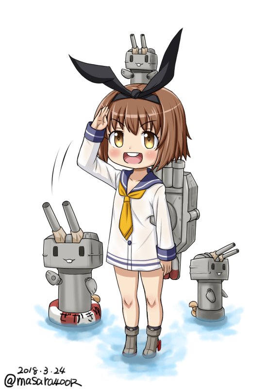 1girl black_hairband brown_eyes brown_hair commentary_request dated dress full_body hairband headgear headset kantai_collection masara_(masalucky2010) neckerchief open_mouth rensouhou-chan sailor_dress salute school_uniform serafuku short_hair simple_background solo speaking_tube_headset standing twitter_username upper_teeth white_background yellow_neckwear yukikaze_(kantai_collection)