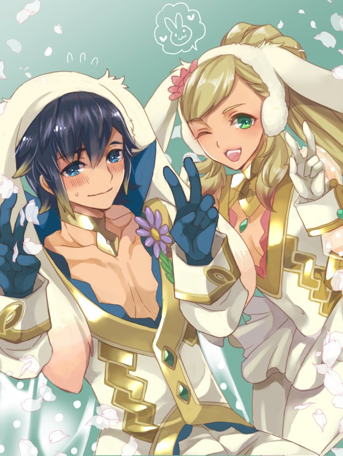 1boy 1girl alfonse_(fire_emblem) alternate_costume animal_ears blonde_hair blue_gloves blue_hair blush brother_and_sister cleavage_cutout double_v earmuffs fake_animal_ears fire_emblem fire_emblem_heroes flower gloves green_eyes hair_flower hair_ornament long_hair multicolored_hair one_eye_closed open_mouth petals rabbit_ears renkonmatsuri sharena short_hair siblings v white_gloves