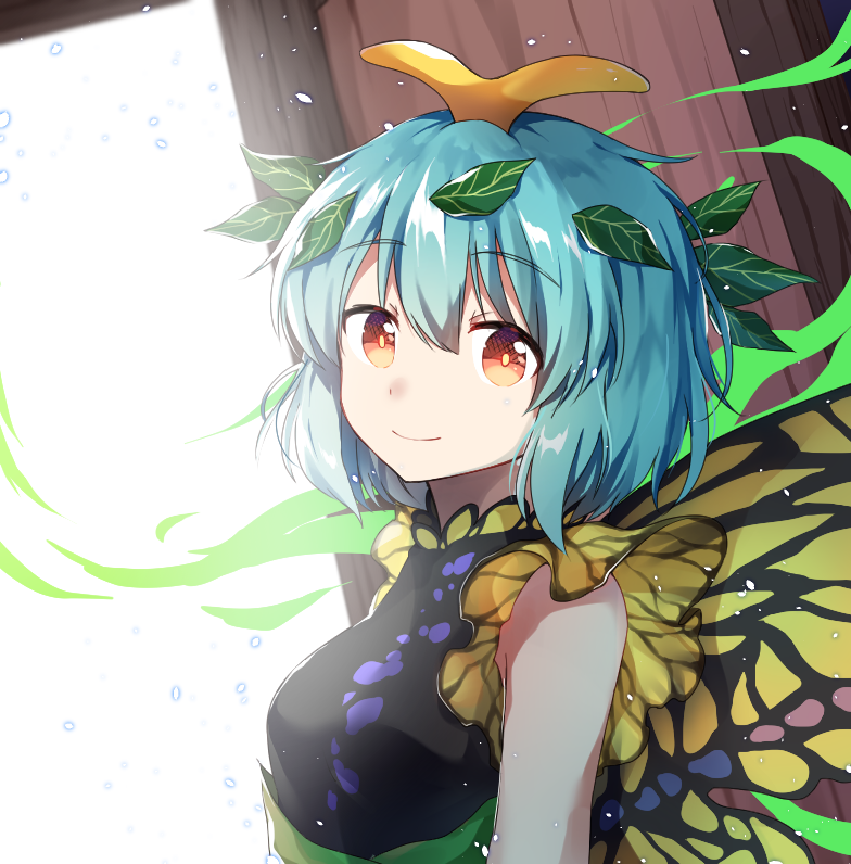 1girl antennae bare_arms bare_shoulders blue_hair breasts butterfly_wings caramell0501 commentary_request dress eternity_larva eyebrows_visible_through_hair leaf leaf_on_head looking_at_viewer medium_breasts orange_eyes short_hair smile solo touhou upper_body wings
