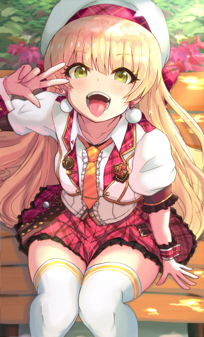 1girl bangs beret blonde_hair blush chains collarbone earrings eyebrows_visible_through_hair eyelashes green_eyes hand_gesture hat highres hips idolmaster idolmaster_cinderella_girls idolmaster_cinderella_girls_starlight_stage jewelry jougasaki_rika long_hair looking_at_viewer necktie open_mouth outdoors pins plaid plaid_skirt puffy_short_sleeves puffy_sleeves red_skirt shirt short_sleeves sitting skirt solo sparkle sunlight thigh-highs thighs toho_(kihon_ha_yappa) tongue tongue_out w white_legwear white_shirt wrist_cuffs yellow_neckwear