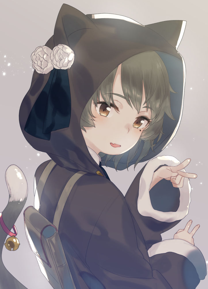 1girl :d animal_ears animal_hood backpack bag bangs bell black_ribbon blush brown_eyes brown_hair brown_jacket cat_ears cat_hood cat_tail double_v eyebrows_visible_through_hair fang fingernails flower fur-trimmed_sleeves fur_trim hatoba_tsugu hatoba_tsugu_(character) head_tilt hood hooded_jacket jacket jingle_bell kemonomimi_mode long_sleeves looking_at_viewer looking_to_the_side mole mole_under_eye open_mouth ribbon smile solo subachi tail tail_bell v virtual_youtuber white_flower wide_sleeves