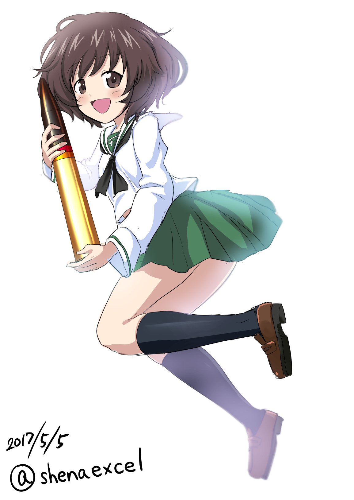 1girl :d akiyama_yukari bangs black_legwear black_neckwear blouse brown_eyes brown_footwear brown_hair commentary_request dated excel_(shena) eyebrows_visible_through_hair fading from_side girls_und_panzer green_skirt highres holding jumping loafers long_sleeves looking_at_viewer looking_back messy_hair miniskirt neckerchief ooarai_school_uniform open_mouth pleated_skirt school_uniform serafuku shoes short_hair skirt smile socks solo tank_shell twitter_username white_blouse