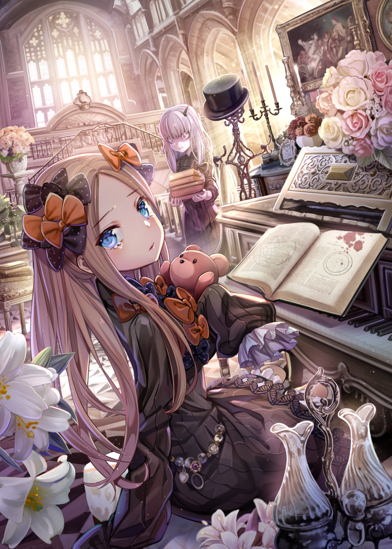 2girls abigail_williams_(fate/grand_order) arm_support bangs black_bow black_dress black_hat blonde_hair blood blood_splatter bloomers blue_eyes book book_stack bow butterfly candelabra candle closed_mouth coat_rack commentary day dress dried_blood dutch_angle eyebrows_visible_through_hair fate/grand_order fate_(series) flower forehead hair_bow hat hat_removed headwear_removed holding holding_book horn indoors instrument lavinia_whateley_(fate/grand_order) long_hair long_sleeves looking_at_viewer looking_to_the_side multiple_girls object_hug open_book orange_bow painting_(object) parted_bangs piano picture_frame pink_flower pink_rose polka_dot polka_dot_bow rose silver_hair sitting sleeves_past_fingers sleeves_past_wrists stuffed_animal stuffed_toy sunlight tears teddy_bear torino_akua underwear very_long_hair white_bloomers white_flower white_rose window