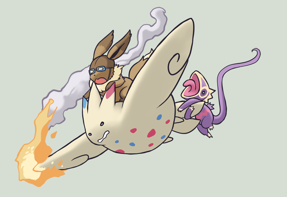 alternate_color creature eevee falling fire flying full_body gen_1_pokemon gen_3_pokemon gen_4_pokemon glitchedpuppet goggles grey_background kecleon no_humans not_shiny_pokemon open_mouth pokemon pokemon_(creature) scared simple_background smoke togekiss tongue tongue_out