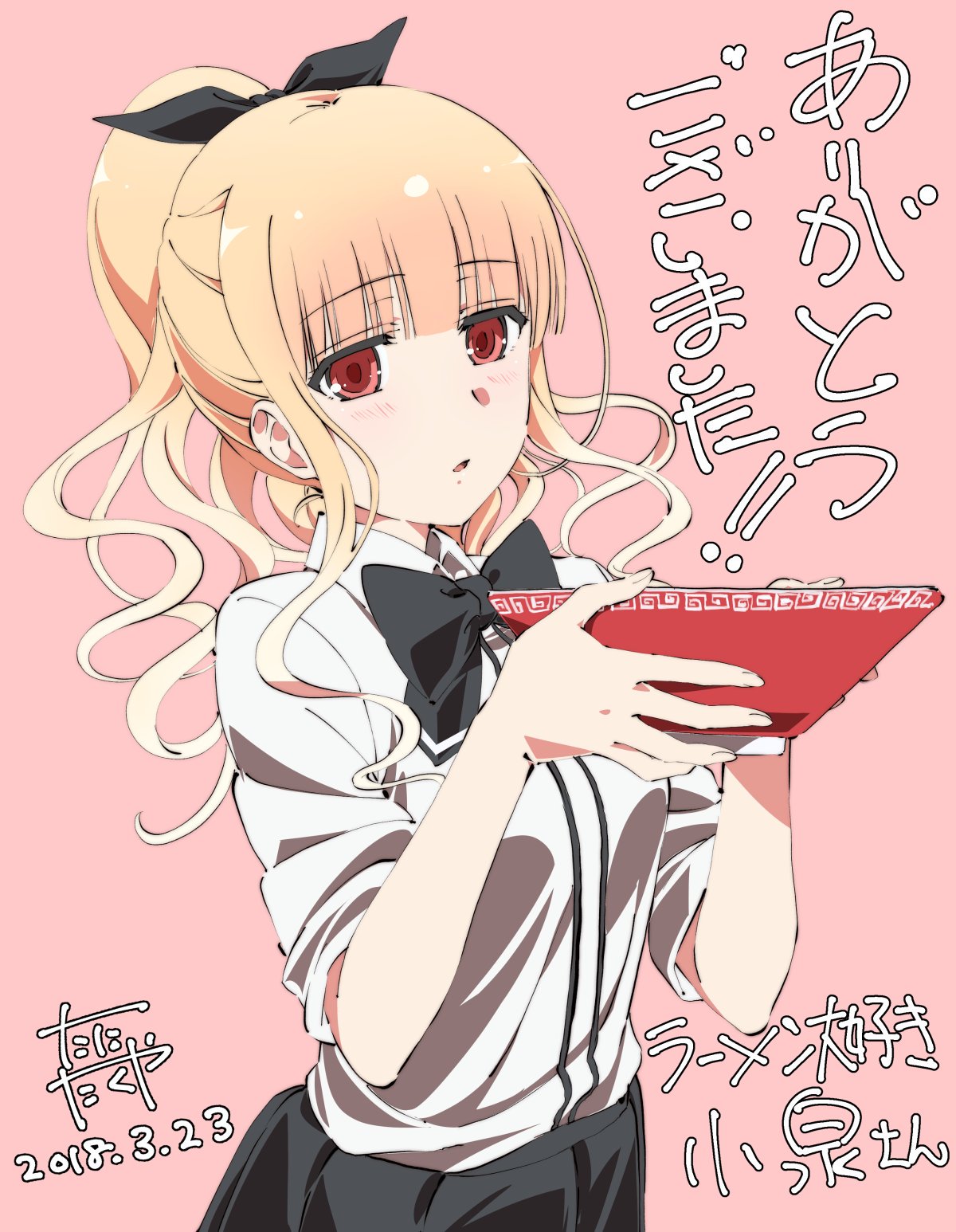 black_ribbon blonde_hair bow bowl bowtie collared_shirt dated food hair_ribbon highres holding holding_bowl koizumi_(ramen_daisuki_koizumi-san) long_hair noodles ponytail promotional_art ramen ramen_daisuki_koizumi-san red_eyes ribbon school_uniform shirt signature tani_takuya