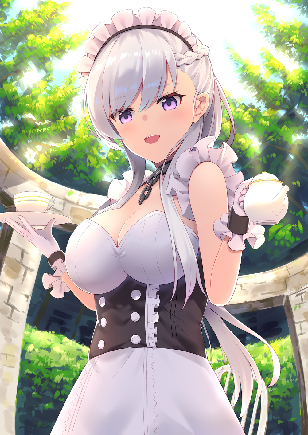 apron azur_lane bangs belfast_(azur_lane) braid breasts chains cleavage collar collarbone corset cup eyebrows_visible_through_hair french_braid frilled_apron frills garden gloves highres holding_teacup holding_teapot large_breasts maid maid_apron maid_headdress open_mouth plate silver_hair sunlight teacup teapot tree violet_eyes white_apron white_gloves white_hair yukarite