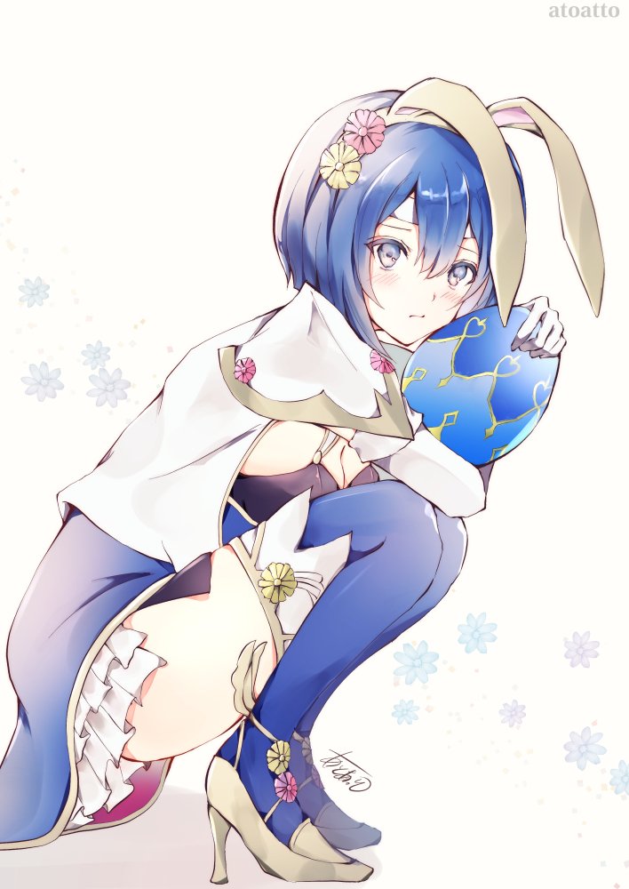 1girl animal_ears atoatto blue_eyes blue_hair blush bunny_girl bunny_tail bunnysuit detached_collar egg fake_animal_ears fire_emblem fire_emblem:_mystery_of_the_emblem gloves headband katua leotard looking_at_viewer pegasus_knight rabbit_ears short_hair smile solo tail thigh-highs