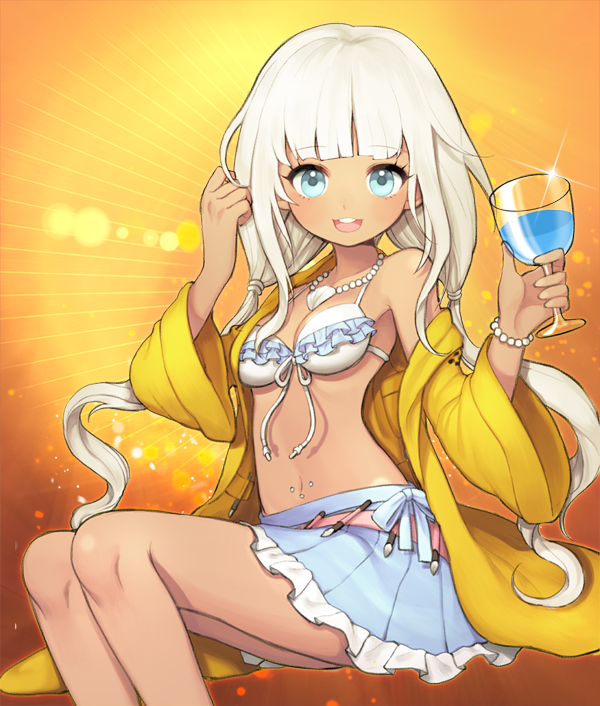 1girl bead_necklace beads bikini_top blue_eyes breasts cup dangan_ronpa holding holding_cup jacket jewelry long_hair looking_at_viewer necklace new_dangan_ronpa_v3 skirt small_breasts smile twintails white_hair yellow_jacket yonaga_angie