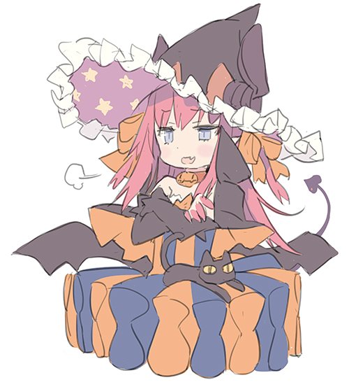 1girl :d animal bangs bare_shoulders black_cat black_hat black_wings blade_(galaxist) blue_eyes blush bow cat commentary_request curled_horns demon_tail dragon_horns dress elizabeth_bathory_(fate) elizabeth_bathory_(fate)_(all) eyebrows_visible_through_hair fang fate/extra fate/extra_ccc fate_(series) frilled_hat frills hair_between_eyes hair_bow hat horns horns_through_headwear jack-o'-lantern long_hair looking_at_viewer low_wings multicolored multicolored_clothes multicolored_dress open_mouth orange_bow pink_hair print_hat simple_background smile solo star star_print striped tail upper_body vertical-striped_dress vertical_stripes very_long_hair white_background wings witch_hat