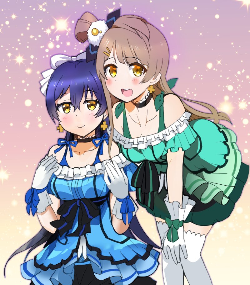 2girls bangs bare_shoulders blue_dress blue_hair blush bow choker commentary_request cowboy_shot dress earrings gloves green_dress grey_hair hair_between_eyes hair_bow hair_ornament jewelry kira-kira_sensation! long_hair looking_at_viewer love_live! love_live!_school_idol_project minami_kotori multiple_girls one_side_up open_mouth smile sonoda_umi thigh-highs white_gloves white_legwear yellow_eyes