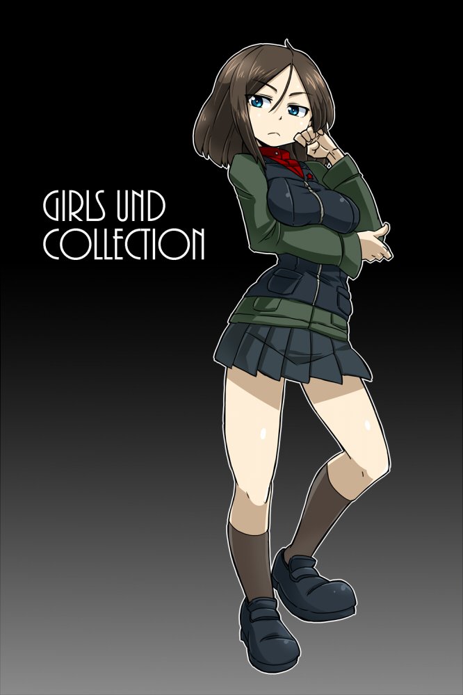 1girl aono3 arm_grab bangs black_background black_footwear black_hair black_legwear black_skirt black_vest blue_eyes breast_hold breasts closed_mouth commentary_request copyright_name cover cover_page doujin_cover emblem english eyebrows_visible_through_hair frown full_body girls_und_panzer gradient gradient_background green_jacket hand_in_hair jacket loafers long_hair long_sleeves looking_at_viewer military military_uniform miniskirt nonna pleated_skirt pravda_military_uniform red_shirt shirt shoes skirt socks solo standing swept_bangs turtleneck uniform vest