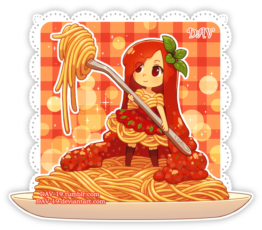 1girl artist_name bangs brown_legwear chibi closed_mouth commentary dav-19 dress eyebrows_visible_through_hair eyes_visible_through_hair food food_themed_clothes fork holding holding_fork in_food lace_background leaf long_hair looking_away looking_to_the_side original pasta personification plaid plate red_dress red_eyes redhead short_sleeves smile solo spaghetti standing thigh-highs tomato tomato_sauce transparent_background very_long_hair watermark web_address