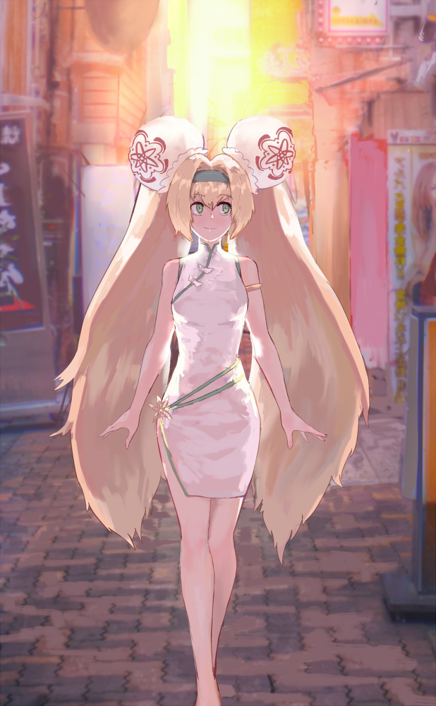 1girl alternate_costume armlet barefoot blazblue blonde_hair china_dress chinese_clothes dress green_eyes headband long_hair looking_at_viewer looking_to_the_side platinum_the_trinity quentin_lecuiller smile solo twintails very_long_hair