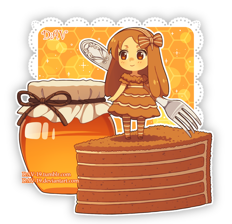 1girl artist_name blush bow brown_bow brown_dress brown_eyes brown_footwear brown_hair brown_hairband brown_legwear cake chibi closed_mouth commentary dav-19 dress food fork fur-trimmed_dress hair_bow hairband holding holding_fork honey honeycomb_(pattern) jar lace_background long_hair looking_away looking_to_the_side original pantyhose personification short_sleeves slice_of_cake smile solo standing striped striped_bow striped_hairband striped_legwear transparent_background very_long_hair watermark web_address