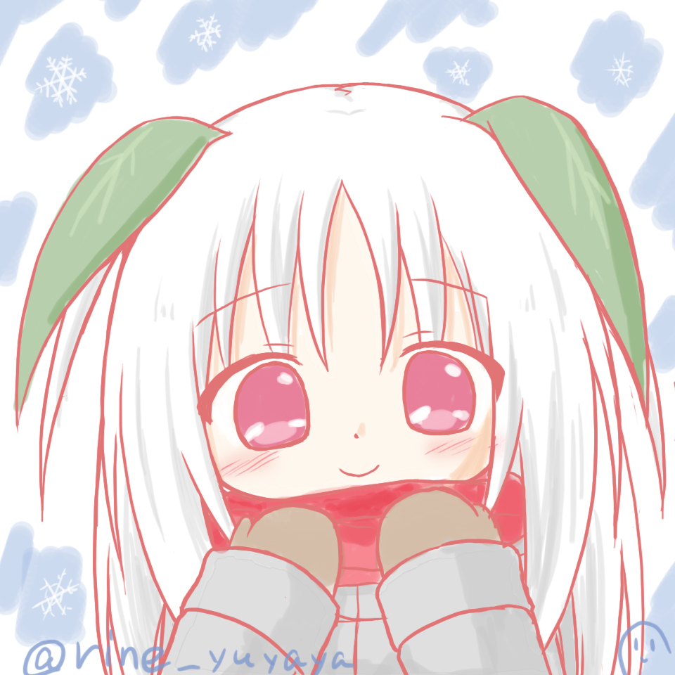 1girl bangs blush brown_mittens closed_mouth dutch_angle eyebrows_visible_through_hair grey_coat hair_between_eyes hands_up leaf long_sleeves looking_at_viewer mittens original red_scarf rinechun scarf smile snowflakes solo twitter_username violet_eyes white_background white_hair