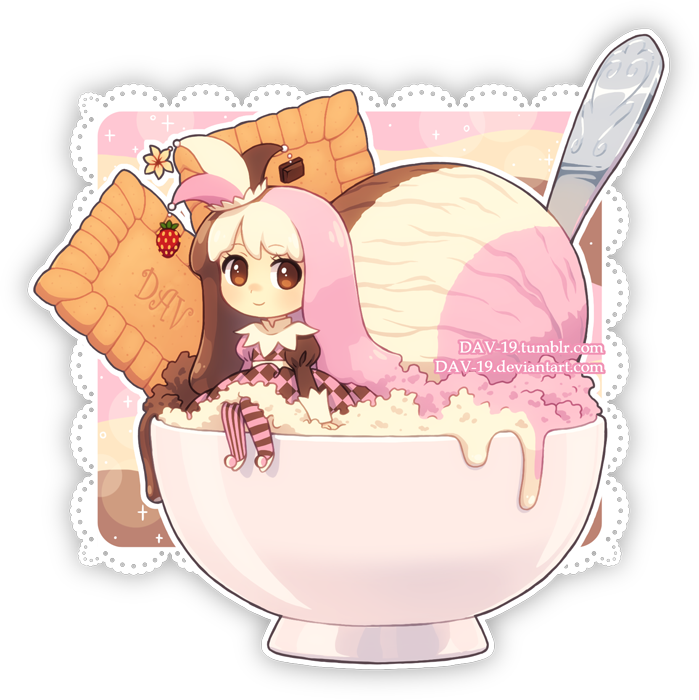 1girl artist_name bangs bowl brown_eyes brown_hair checkered checkered_dress chibi chocolate closed_mouth commentary dav-19 dress eyebrows_visible_through_hair flower food fruit hair_as_food hat ice_cream ice_cream_spoon jester_cap juliet_sleeves lace_background long_hair long_sleeves looking_at_viewer mismatched_legwear multicolored_hair neapolitan_ice_cream orange_flower original pantyhose personification pink_hair puffy_sleeves raspberry sitting smile solo striped striped_legwear transparent_background vertical-striped_legwear vertical_stripes very_long_hair watermark web_address white_footwear white_hair
