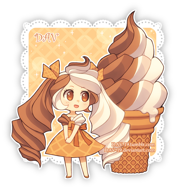 1girl :d artist_name bangs blush bow brown_bow brown_dress brown_eyes brown_footwear brown_hair brown_ribbon chibi commentary dav-19 dress drill_hair eyebrows_visible_through_hair food food_themed_clothes hair_as_food hair_ribbon ice_cream ice_cream_cone lace_background long_hair multicolored_hair open_mouth original own_hands_together personification puffy_short_sleeves puffy_sleeves ribbon short_sleeves smile soft_serve solo standing transparent_background twin_drills twintails two-tone_hair very_long_hair watermark web_address white_hair