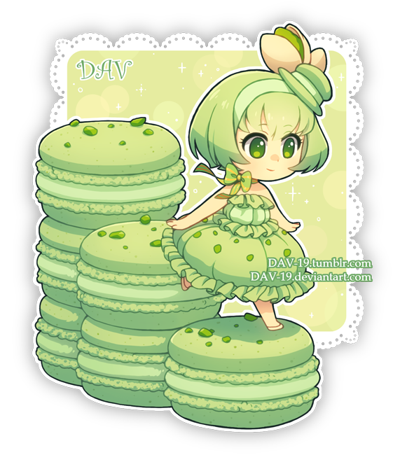 1girl artist_name bare_arms bare_shoulders bow chibi closed_mouth commentary dav-19 dress food food_themed_clothes food_themed_hair_ornament frilled_dress frills green_bow green_dress green_eyes green_hair green_hairband hair_ornament lace_background looking_away macaron original personification puffy_dress short_hair smile solo standing standing_on_one_leg strapless strapless_dress striped striped_bow transparent_background watermark web_address white_footwear