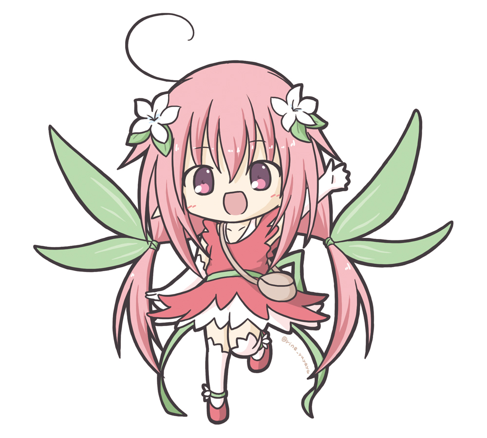 1girl :d ahoge arm_up bag bangs chibi commentary_request dress elbow_gloves eyebrows_visible_through_hair fairy flower full_body gloves hair_between_eyes hair_flower hair_ornament head_tilt leaf long_hair looking_at_viewer low_twintails open_mouth original outstretched_arm pink_dress pink_footwear pink_hair pointy_ears rinechun shoulder_bag sleeveless sleeveless_dress smile solo standing standing_on_one_leg thigh-highs twintails twitter_username very_long_hair violet_eyes white_flower white_gloves white_legwear