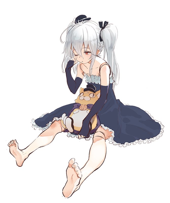 1girl barefoot doll_joints dress elbow_gloves feet gloves gothic_lolita granblue_fantasy hat igarashi_youhei lolita_fashion long_hair mini_hat orchis silver_hair sitting soles stuffed_toy toes twintails