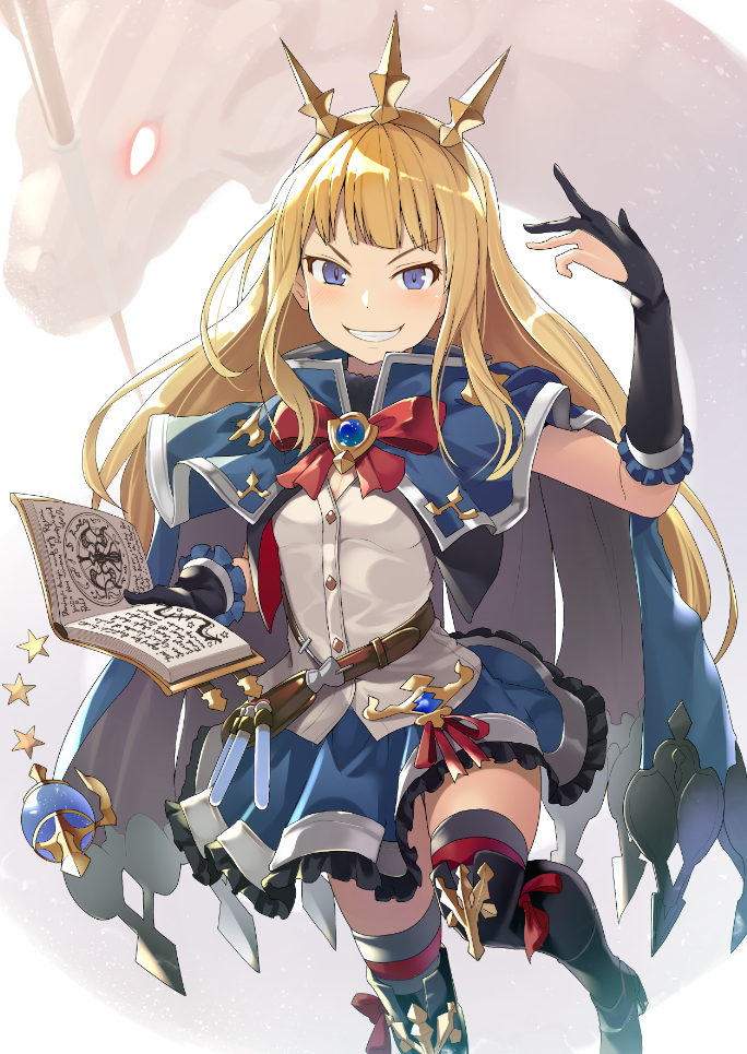 1girl bangs black_footwear black_gloves black_legwear blonde_hair blunt_bangs book boots bow bowtie cagliostro_(granblue_fantasy) commentary dress gloves granblue_fantasy grin hairband hinami_(hinatamizu) holding holding_book long_hair looking_at_viewer parted_lips red_neckwear short_sleeves smile solo standing standing_on_one_leg thigh-highs thigh_boots violet_eyes